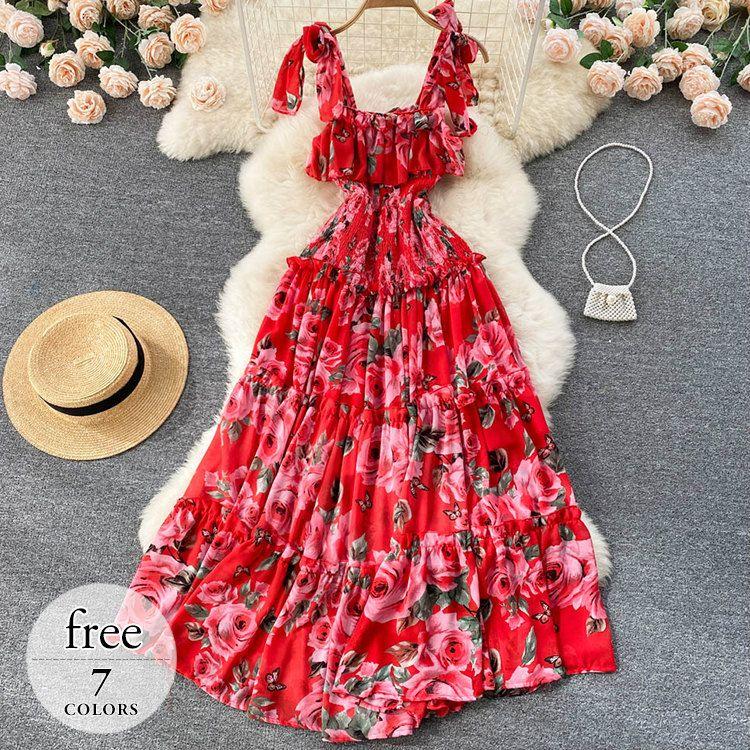 リゾートワンピース ワンピース 夏 きれいめ ミモレ丈 ロング レディース 大きいサイズ 花柄 ティアードスカート フェミニン キュート オレンジ ブラック レッド