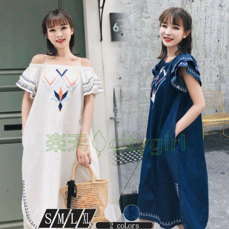 ワンピース レディース リゾートワンピース 刺繍 大きいサイズ 半袖 体型カバー ミディアム丈 オフショルダー ボートネック ゆったり 着痩せ ファッション おし