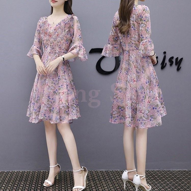 限定販売 ワンピース レディース 夏 半袖 フレア袖 40代 30代 花柄ワンピース 膝丈ワンピース きれいめ 韓国風 オシャレ ゆったり 通勤ワンピース Ol シフォンワンピース