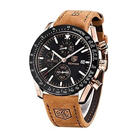人気デザイナー クラシックファッションエレガントクロノグラフウォッチ BENYAR カジュアルスポーツレザーバンド Brown-Black 5140L メンズウォッチ 腕時計