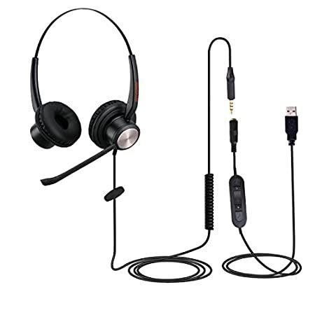 USB Headset with Microphone for PC,3.5mm Wired Computer Headset with Mic Noise Cancelling&USB-C Adapter,On-Ear Headphones with in-line Control for Cell Phone,Laptop,Home,Office,Skype,Zoom,Call Center 