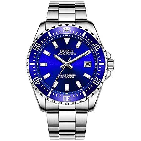 品多く BUREIメンズ高級腕時計サファイアミラービジネスクオーツメンズウォッチ男性ギフトシルバーブルー時計 腕時計