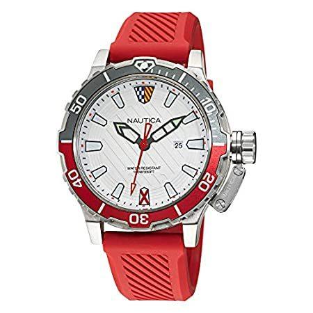 適切な価格 Nautica Men's Stainless Steel Quartz Silicone Strap, Red, 22 Casual Watch ( 腕時計