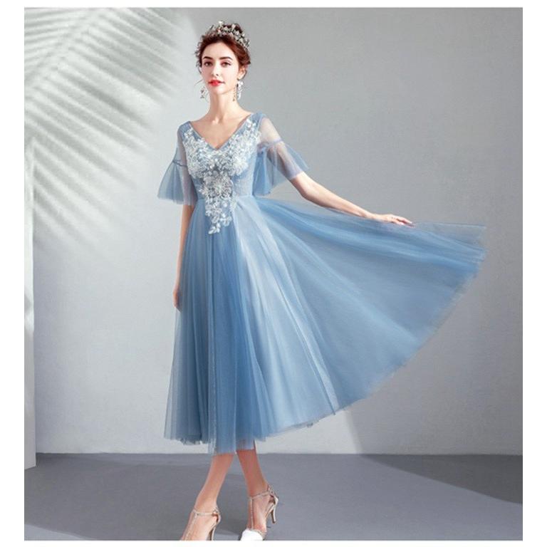 ウェディングドレス ミモレ丈ドレス 花嫁 お花の刺繍レース 編み上げタイプ ブライダルドレス ブルードレス 撮影 結婚式 二次会 謝恩会 披露宴 Hsclf010 ボンジーア 通販 Yahoo ショッピング