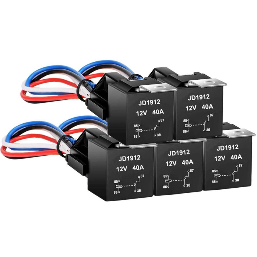 Kiligen 5個 JD1912 4極リレー車用 DC12V 40A 12AWG ハーネス付き