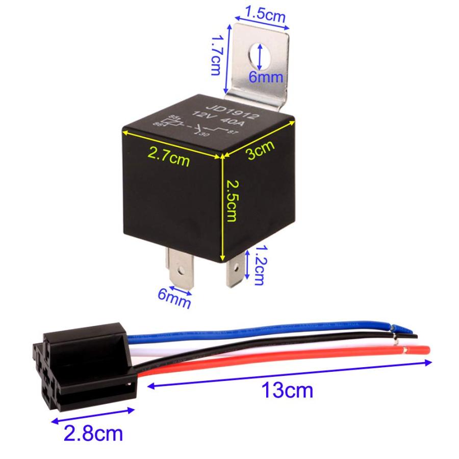 Kiligen 5個 JD1912 4極リレー車用 DC12V 40A 12AWG ハーネス付き