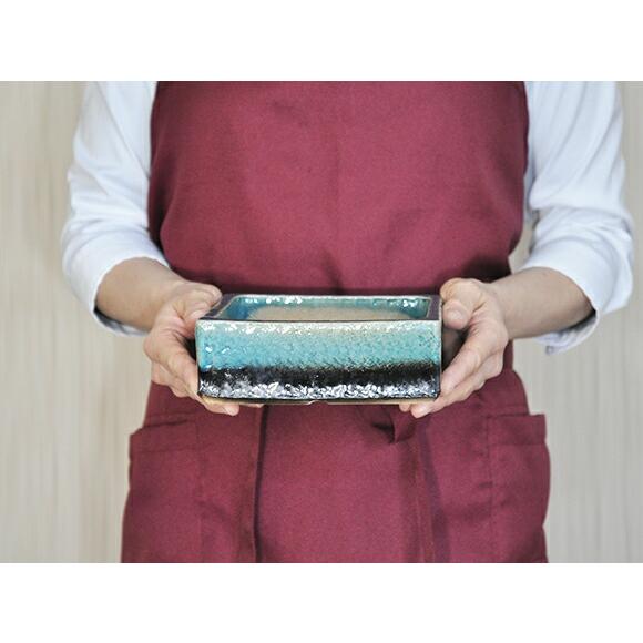盆栽鉢 山野草鉢 5号 ブルーガラス 正方形 幅15cm×奥行15cm×高さ5.5cm