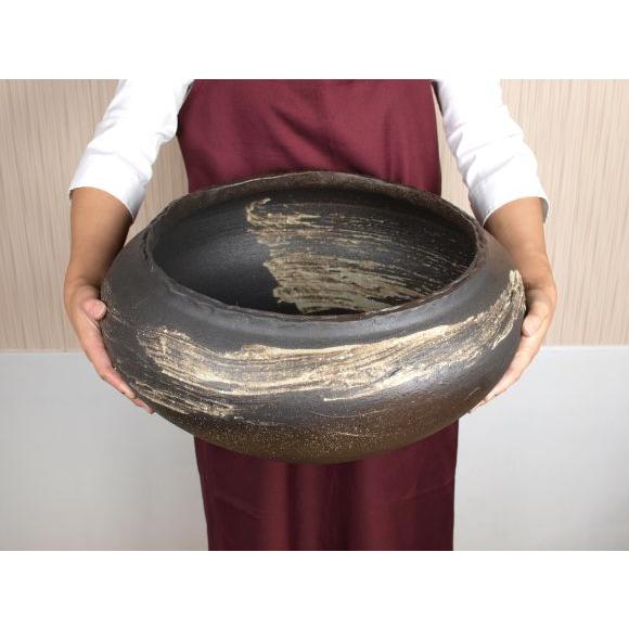 水鉢 睡蓮鉢 めだか鉢 刷毛目水鉢 16号サイズ 直径34cm 外幅46cm 高19cm陶器 金魚鉢 はす鉢 ビオトープ 盆栽妙の画像
