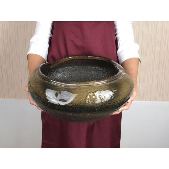 D-壁 盆栽鉢 水盤 睡蓮鉢 メダカ鉢 ビオトープ 陶芸 作家物 骨董 アンティ 水鉢 睡蓮鉢 めだか鉢 黒ビードロ水鉢 13号サイズ 直径29cm 外幅39cm