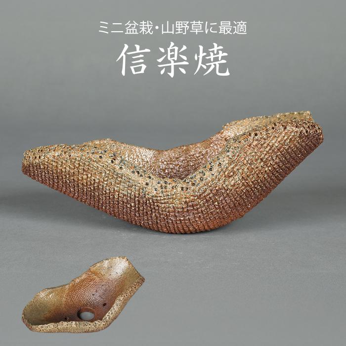 盆栽鉢 山野草鉢 「信楽焼平造伊羅保釉変わり鉢」 植木鉢 陶器 6号