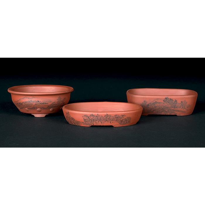 盆栽鉢 「瀬戸焼文山窯朱泥絵付鉢3点セット」 植木鉢 絵鉢 泥鉢 焼締