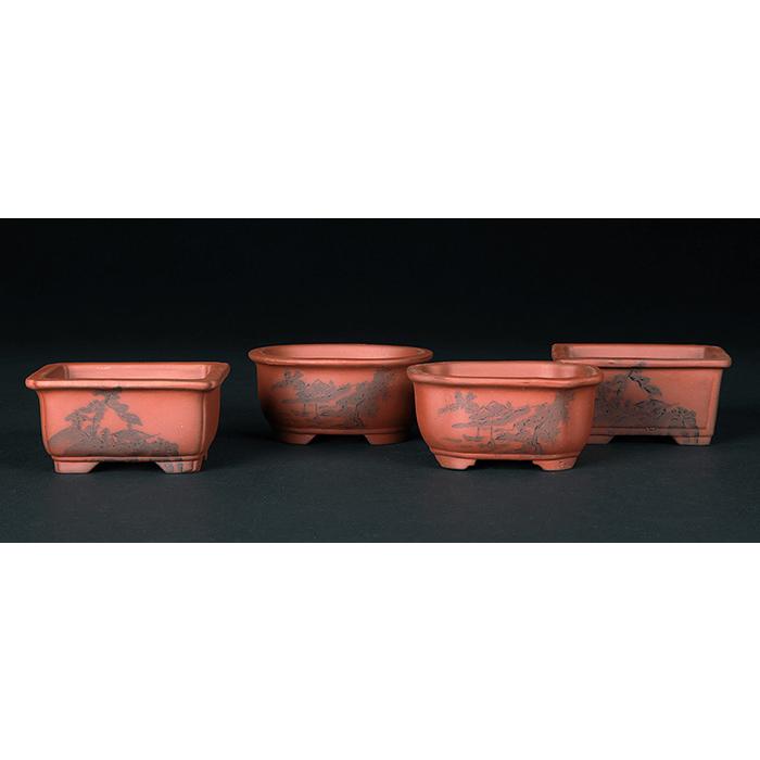 盆栽鉢 「瀬戸焼文山窯朱泥絵付鉢4点セット」 植木鉢 絵鉢 泥鉢 焼締