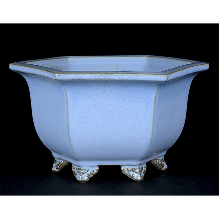 盆栽鉢 「石峰雨竹製広東均釉外縁六角鉢」 植木鉢 陶器 落款あり 7号