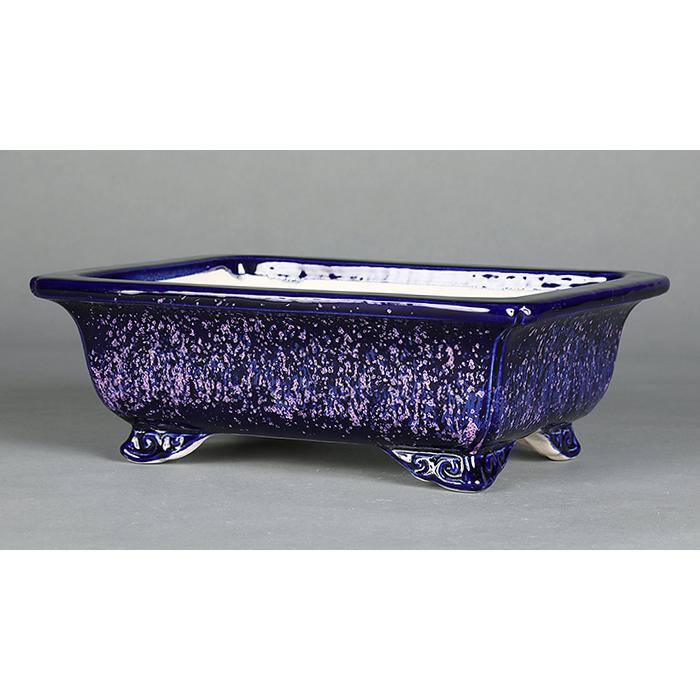 盆栽鉢 鴻陽瑠璃ピンク結晶釉外縁雲足長方鉢 色鉢 相羽鴻陽 常滑 落款