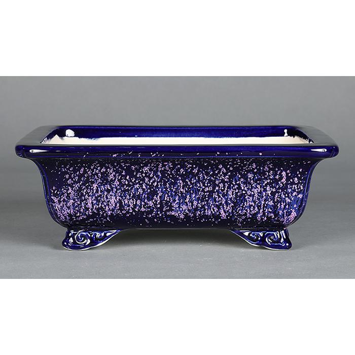 盆栽鉢 鴻陽瑠璃ピンク結晶釉外縁雲足長方鉢 色鉢 相羽鴻陽 常滑 落款