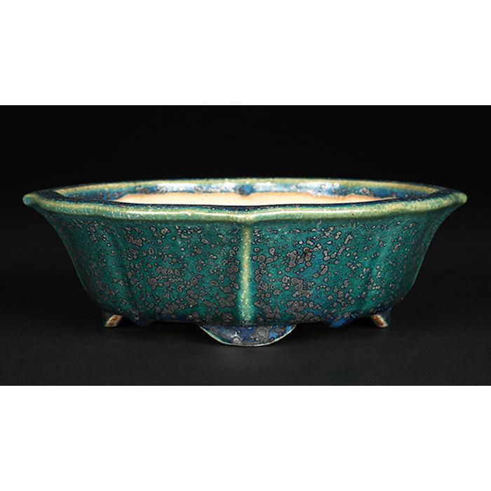 盆栽鉢 鴻陽織部釉剣木瓜式鉢 色鉢 常滑 緑釉 グリーン 6号 19cm 小品盆栽 雑木盆栽に最適の画像