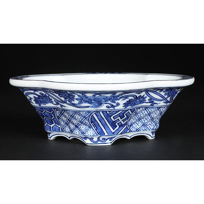 盆栽鉢　林陶雀　五彩花紋様染付長方鉢　共布　共箱付 盆栽鉢 林陶雀 五彩花紋様染付長方鉢 共布 共箱付 【公式通販】