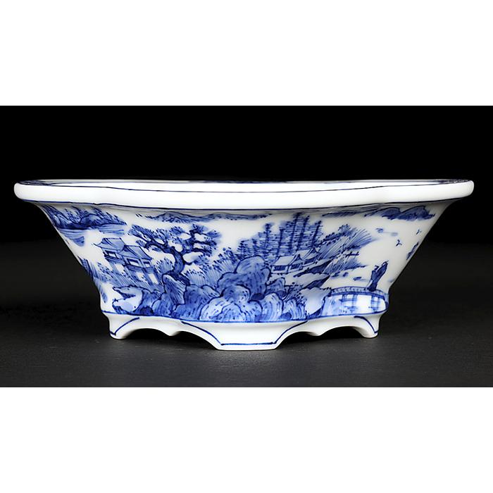 盆栽鉢 植木鉢 「平安泉山染付山水図木瓜式鉢 大」 絵付 絵鉢 清水焼