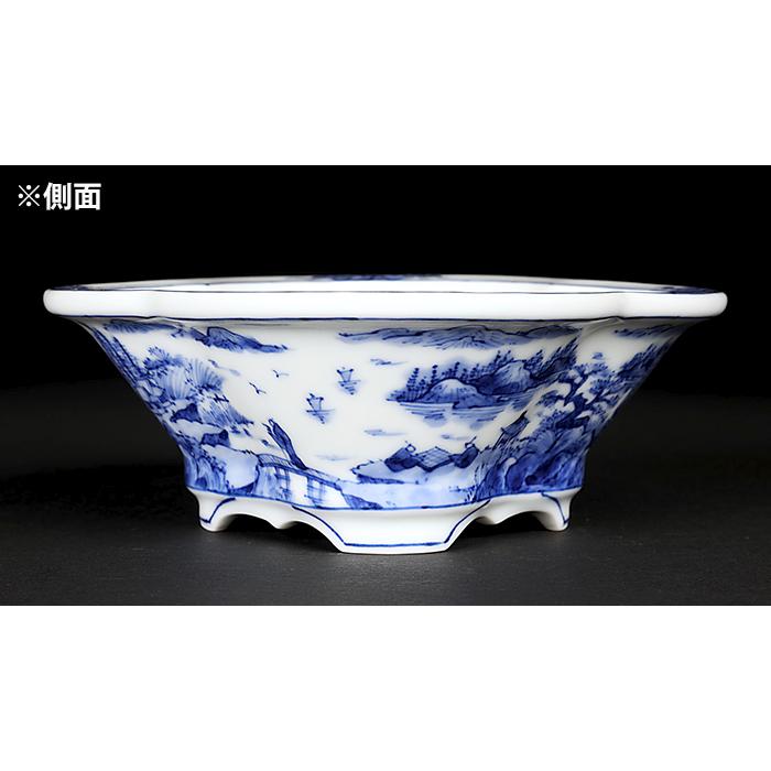 盆栽鉢 植木鉢 「平安泉山染付山水図木瓜式鉢 大」 絵付 絵鉢 清水焼
