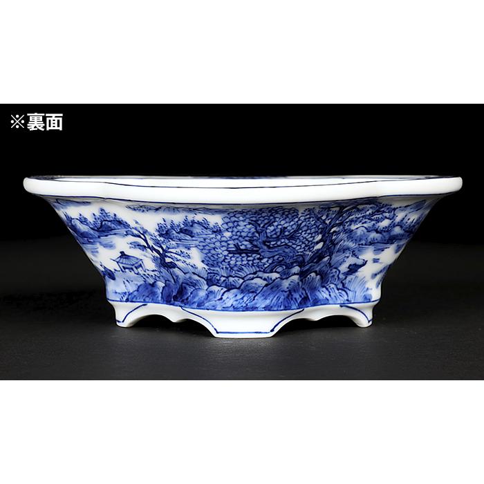 盆栽鉢 植木鉢 「平安泉山染付山水図木瓜式鉢 大」 絵付 絵鉢 清水焼