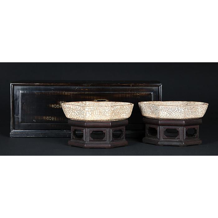 盆栽鉢 水盤 饒州白磁氷裂変わり水盤一対 にょじゅう 中国古窯 磁器