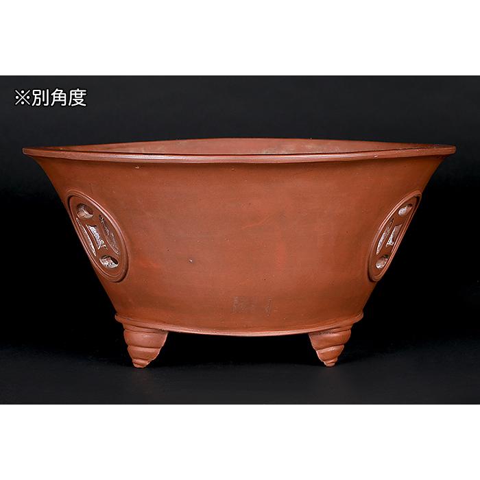 盆栽鉢 朱泥外縁透彫丸鉢 中国宜興 落款あり 13号 40cm 松柏 中品盆栽に最適 現品限りの画像