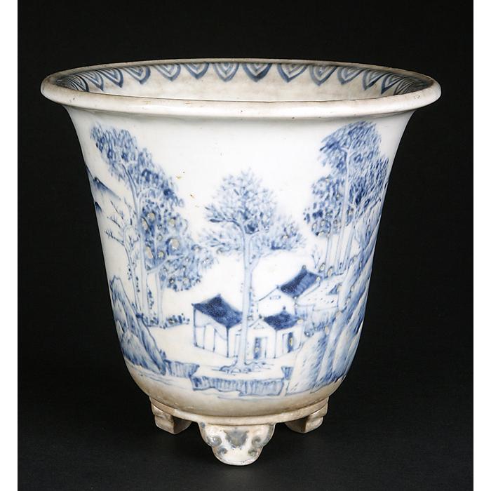 盆栽鉢 染付山水図丸鉢 植木鉢 南京 蘭鉢 呉須 6号 18cm 雑木