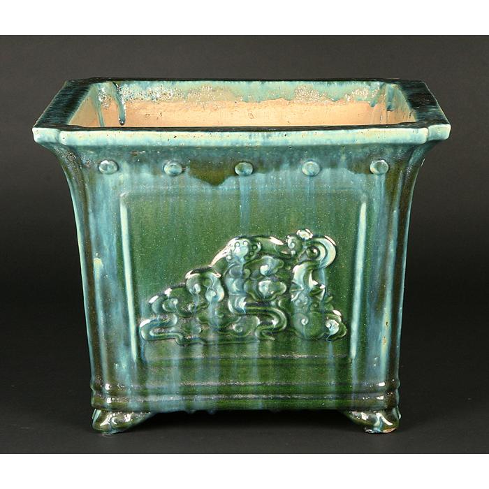 広東緑釉浮彫正方鉢 盆栽鉢 鉢 植木鉢 bonsaipot pot 中国鉢 支那鉢