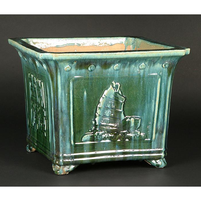 広東緑釉浮彫正方鉢 盆栽鉢 鉢 植木鉢 bonsaipot pot 中国鉢 支那鉢