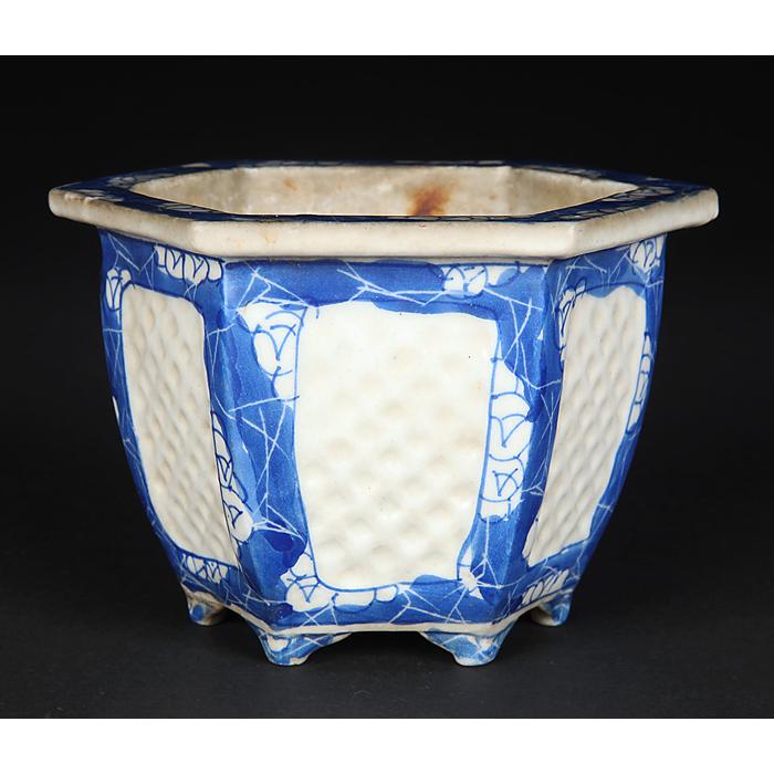 瀬戸染付六角鉢 盆栽鉢 鉢 盆器 蘭鉢 瀬戸物 磁器物 古