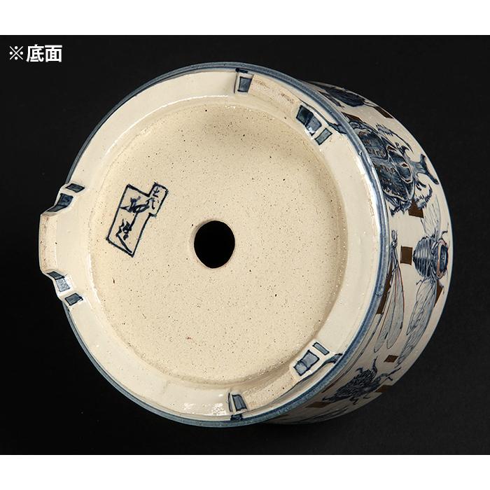 七代渋草柳造染付昆虫図丸鉢 盆栽鉢 鉢 植木鉢 盆器 作家鉢 bonsaipot