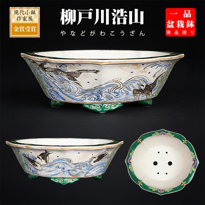 盆栽鉢 柳戸川浩山波千鳥図剣木瓜式鉢 絵付鉢 手造り 手描き 6号 18cm