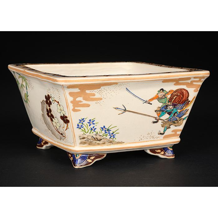 浩山　正方　盆栽鉢 盆栽鉢 柳戸川浩山武者図正方鉢 絵付鉢 手造り 手描き 4号 13cm