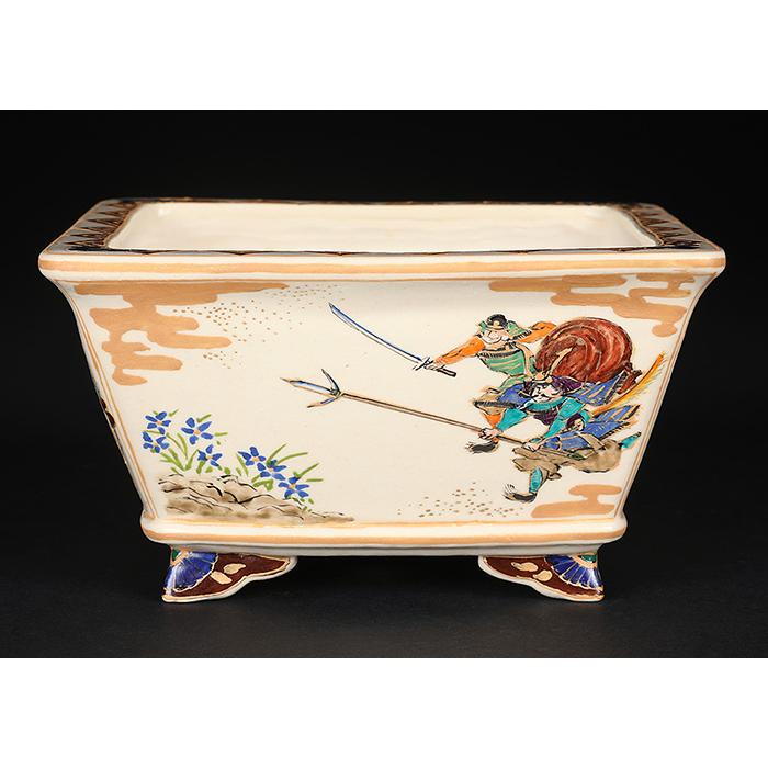 盆栽鉢 柳戸川浩山武者図正方鉢 絵付鉢 手造り 手描き 4号 13cm