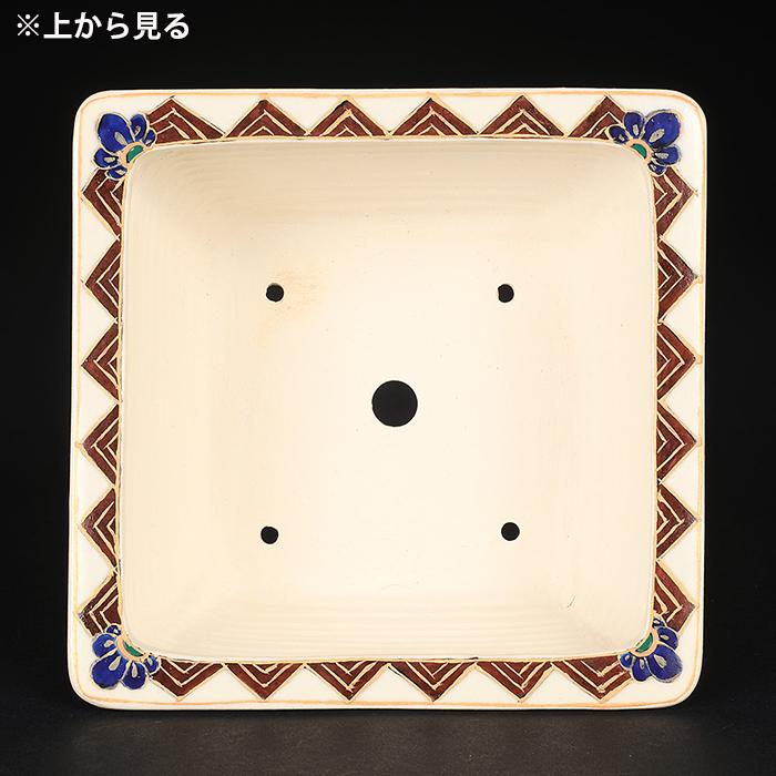 盆栽鉢 柳戸川浩山武者図正方鉢 絵付鉢 手造り 手描き 4号 13cm