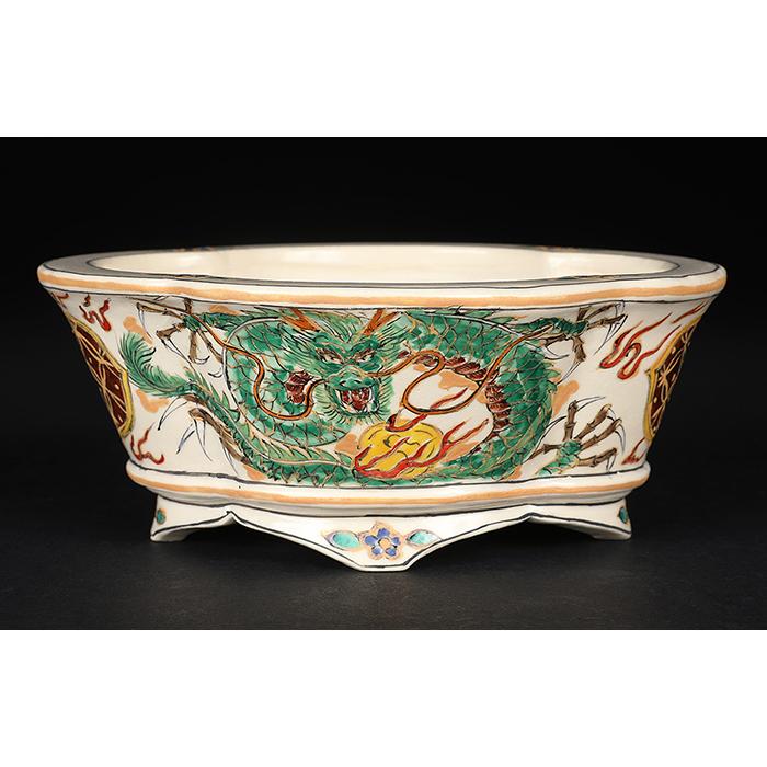 盆栽鉢 柳戸川浩山龍図木瓜式鉢 絵付鉢 手造り 手描き 4号 14cm