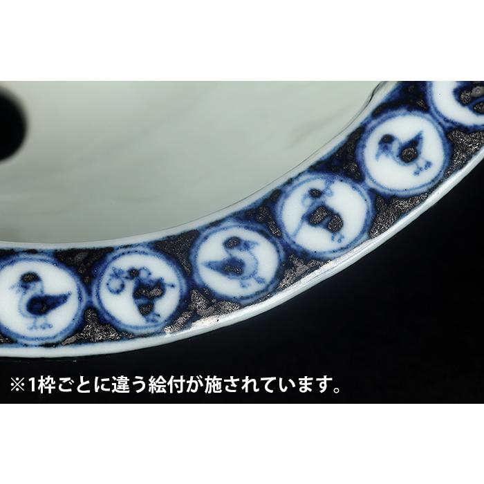 九谷理節染付赤絵窓抜草花山水図木瓜式鉢 盆栽鉢 鉢 植木鉢 盆器 藍