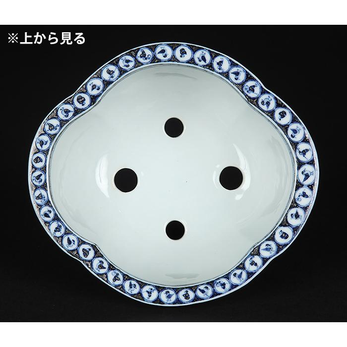 九谷理節染付赤絵窓抜草花山水図木瓜式鉢 盆栽鉢 鉢 植木鉢 盆器 藍