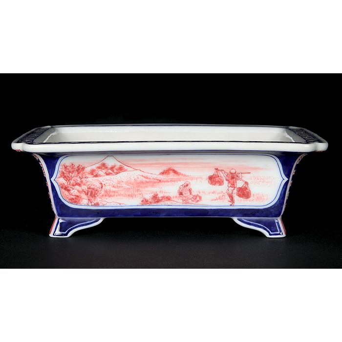 盆栽鉢 植木鉢 「玲雀富嶽三十六景図長方鉢」 磁器 絵付鉢 現代