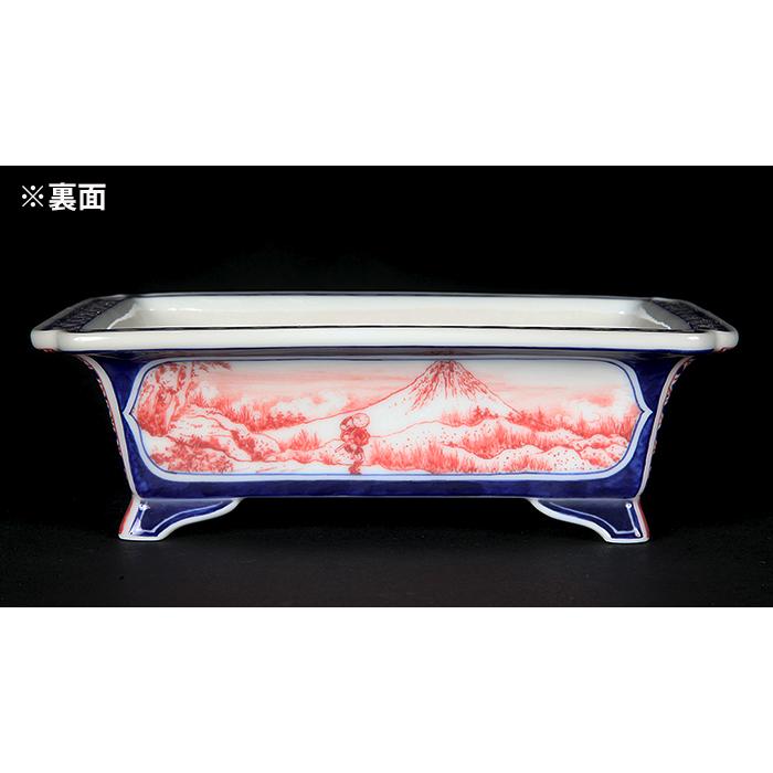 盆栽鉢 植木鉢 「玲雀富嶽三十六景図長方鉢」 磁器 絵付鉢 現代