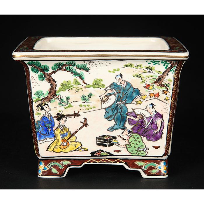 盆栽鉢 柳戸川浩山人物図正方鉢 絵付鉢 手造り 手描き 3号 10cm 小品