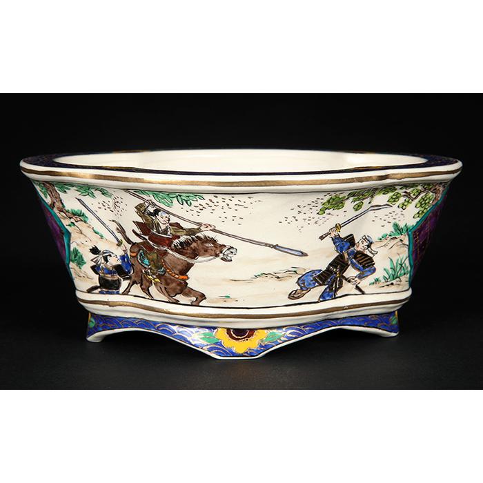 盆栽鉢 柳戸川浩山武士図木瓜式鉢 絵付鉢 手描き 5号 14cm 小品盆栽