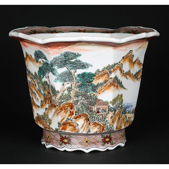 盆栽鉢 月之輪正泉五彩山水図輪花縁六角鉢 絵付鉢 色絵 京焼 清水焼 6