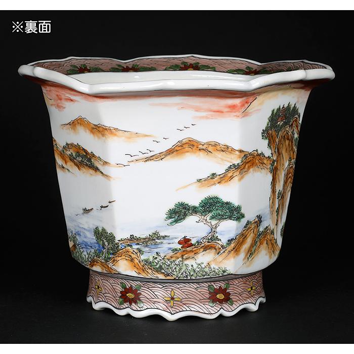 盆栽鉢 月之輪正泉五彩山水図輪花縁六角鉢 絵付鉢 色絵 京焼 清水焼 6