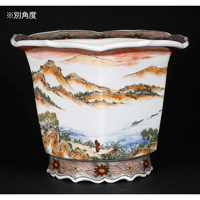盆栽鉢 月之輪正泉五彩山水図輪花縁六角鉢 絵付鉢 色絵 京焼 清水焼 6