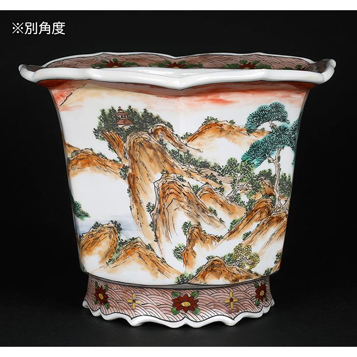 盆栽鉢 月之輪正泉五彩山水図輪花縁六角鉢 絵付鉢 色絵 京焼 清水焼 6