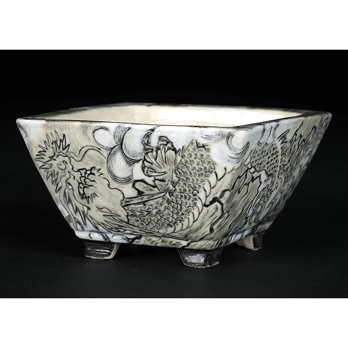 盆栽鉢 「春雪墨絵龍図正方鉢」 植木鉢 絵付 シュンセツ 磁器 3