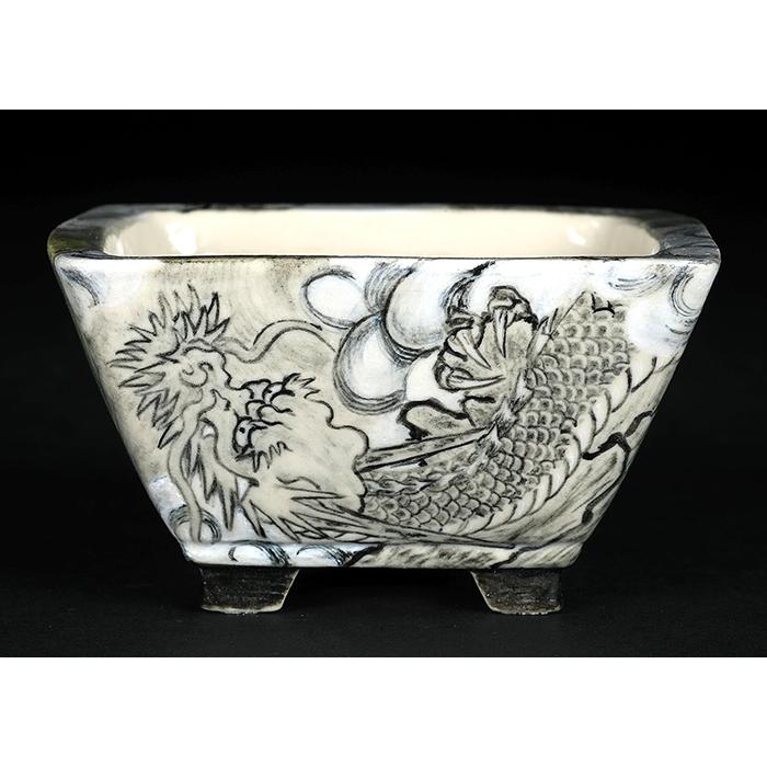 ミニ盆栽鉢　龍　未使用　共箱　箱書有　　共布有　高さ約５CM 盆栽鉢 「春雪墨絵龍図正方鉢」 植木鉢 絵付 シュンセツ 磁器 3