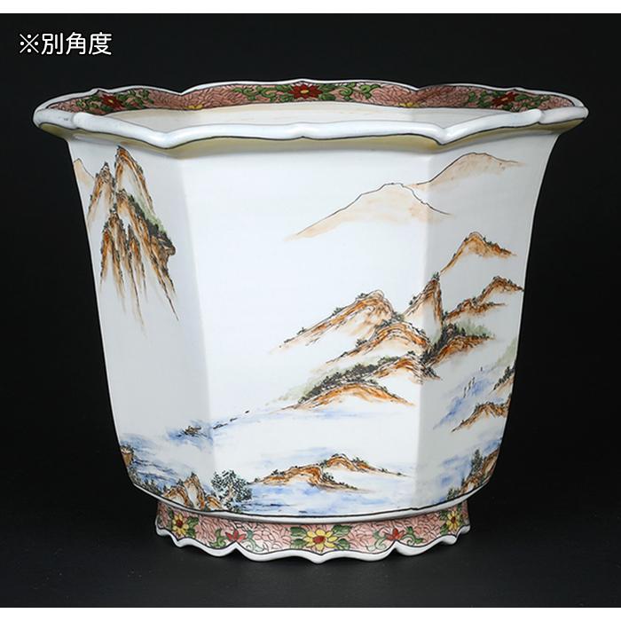 盆栽鉢 月之輪正泉五彩訪友図輪花縁六角鉢 絵付鉢 色絵 京焼 清水焼 8