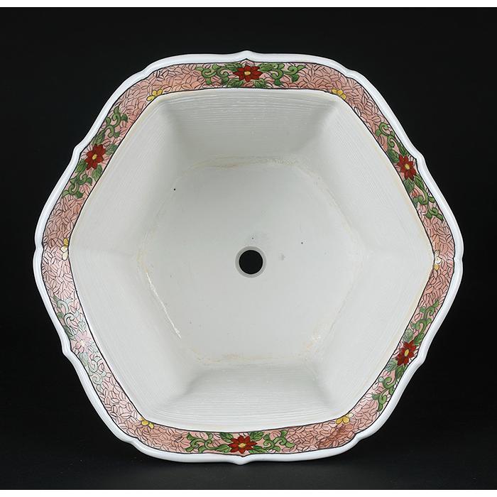 盆栽鉢 月之輪正泉五彩訪友図輪花縁六角鉢 絵付鉢 色絵 京焼 清水焼 8